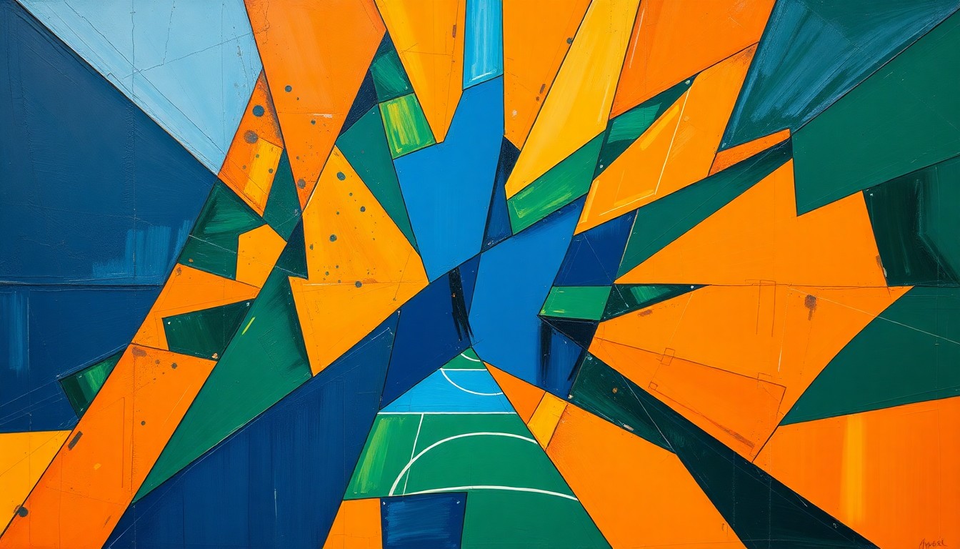 A cubist-style painting featuring overlapping geometric shapes in navy, orange, and green, capturing the energy and movement of a basketball game or match.