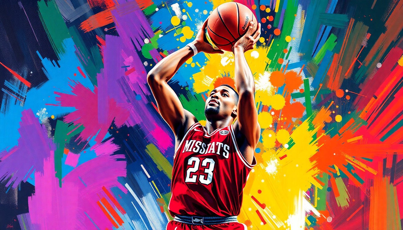An abstract, energetic painting featuring bold, gestural brushstrokes in vibrant neon colors, conceptually representing the scoring prowess and athletic dominance of a college basketball player.