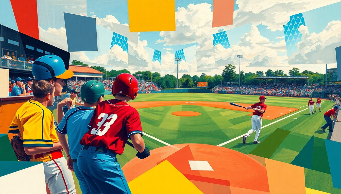 A cubist-style painting featuring fragmented, overlapping geometric shapes in bright colors representing a high school baseball game, conveying the dynamic energy and competitive spirit of the sport.