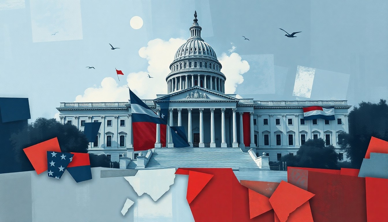 A fractured, abstract painting depicting the U.S. Capitol building in shades of blue, gray, and red, conveying the turbulent and divisive nature of American politics.