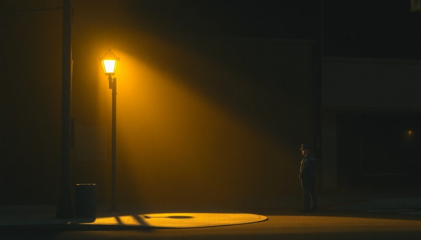 A cinematic painting of a lone immigration officer standing on a dimly lit street corner in Miami, the warm sunlight and deep shadows creating a pensive, nostalgic mood that reflects the complex issues surrounding immigration enforcement in the city.