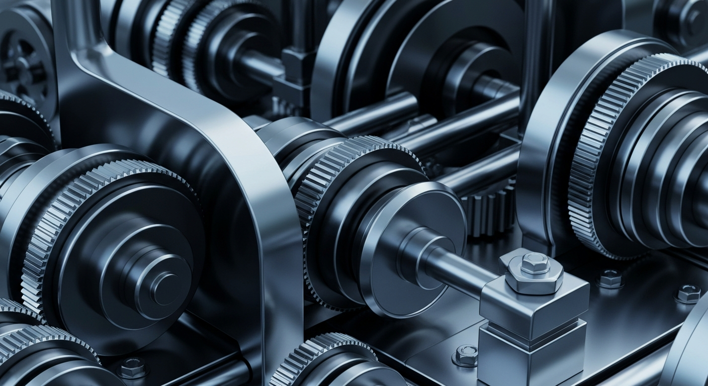 A dramatic close-up of intricate, industrial-looking banking machinery and mechanisms, conveying a sense of financial security and institutional power without using literal currency or charts.