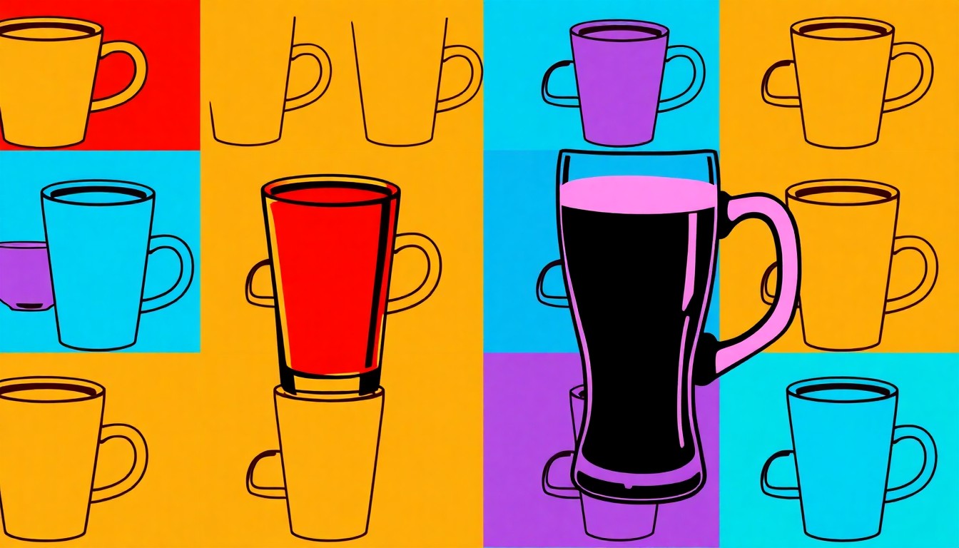 A bold, colorful silkscreen-style illustration featuring repeating patterns of a coffee cup and beer glass in vibrant neon shades, capturing the casual, lifestyle-focused atmosphere of the new Everywhere taproom on Retro Row.