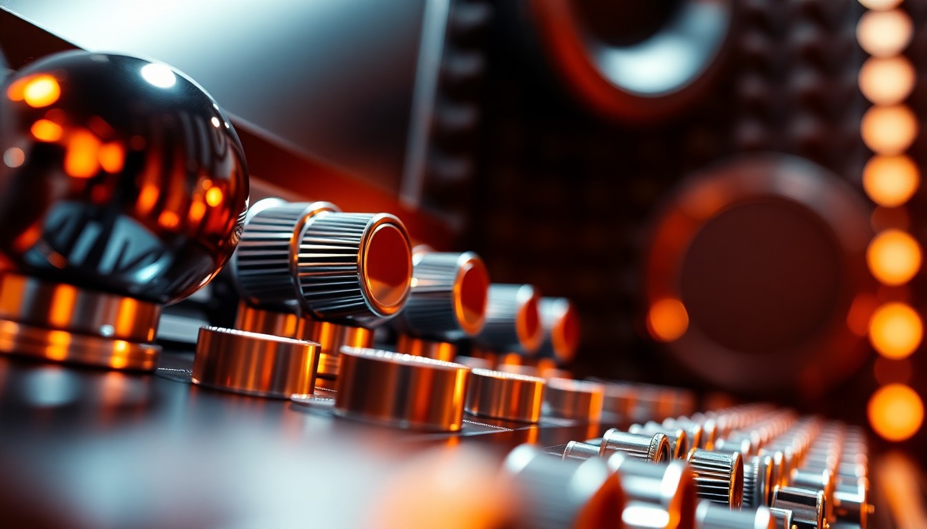 An extreme close-up of highly textured, gleaming metal recording studio equipment, capturing the luxurious, high-end aesthetic of the new Radio Ready Studios facility.