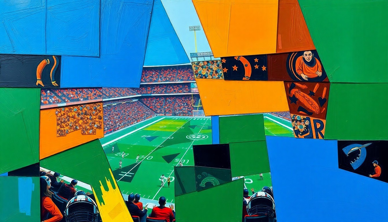 A cubist, geometric painting depicting fragmented football players and draft prospects, conveying the complex decision-making process the Jets face with their high draft pick.