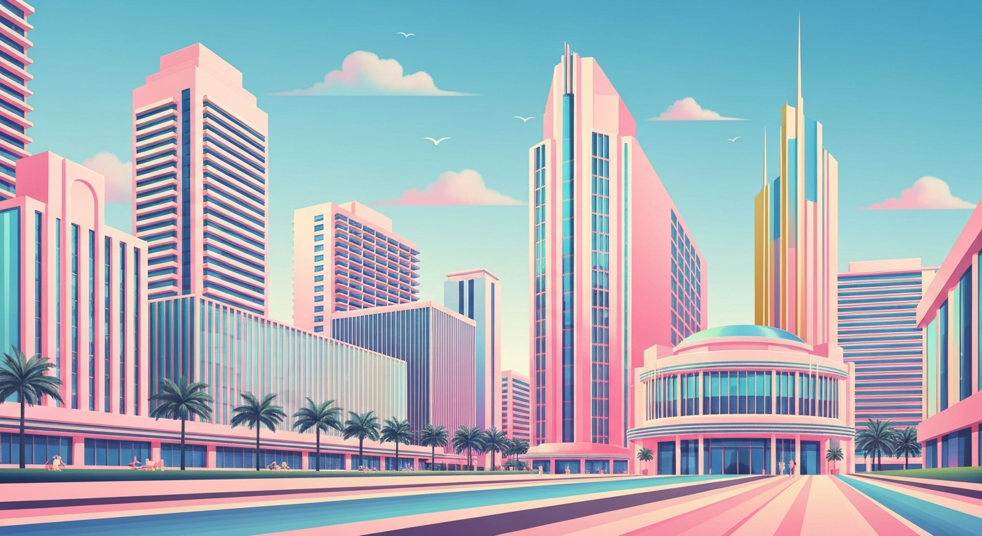 A highly stylized, geometric illustration in the art deco style, featuring sweeping architectural forms and smooth, airbrushed gradients in pastel blues, pinks, and golds, capturing the grand scale and sophistication of Miami Beach as a premier global destination.