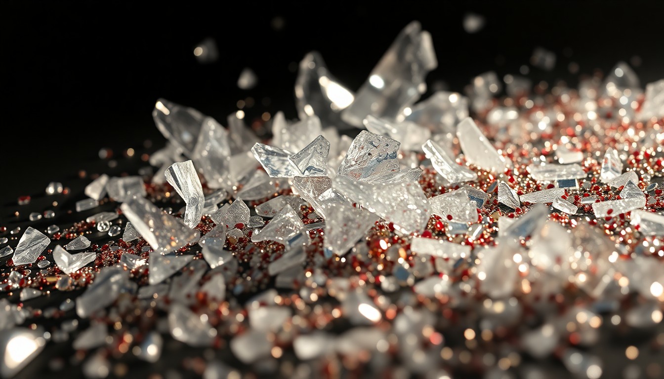 An abstract close-up image featuring shattered glass and glittering sequins in dramatic, high-contrast lighting, conveying the glamour and legacy of art history icons.