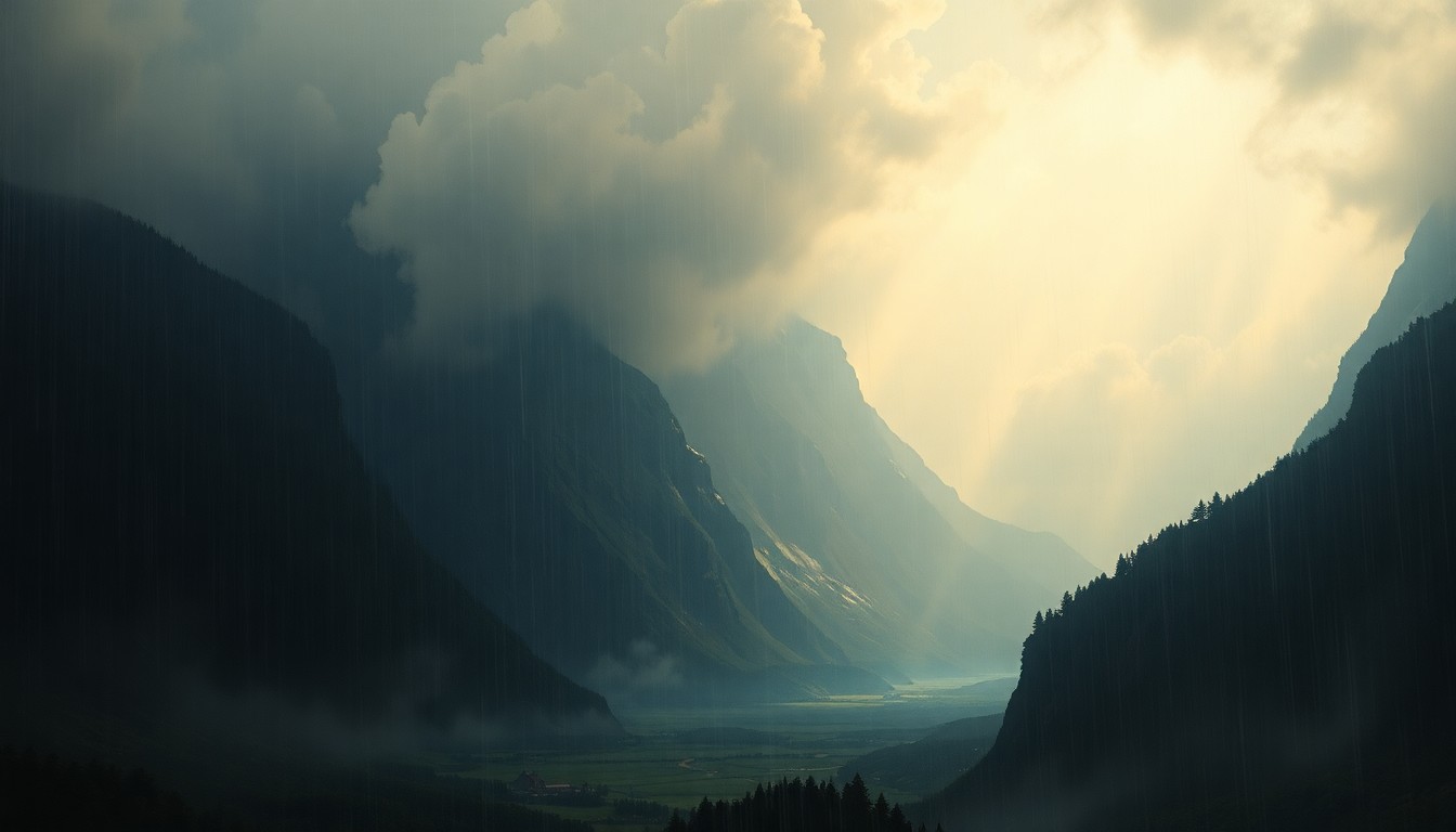 A sweeping, atmospheric landscape painting in muted tones of gray, blue, and green, capturing the sublime scale of a rainstorm as it engulfs a small town in the distance, the buildings and structures barely visible through the heavy downpour.