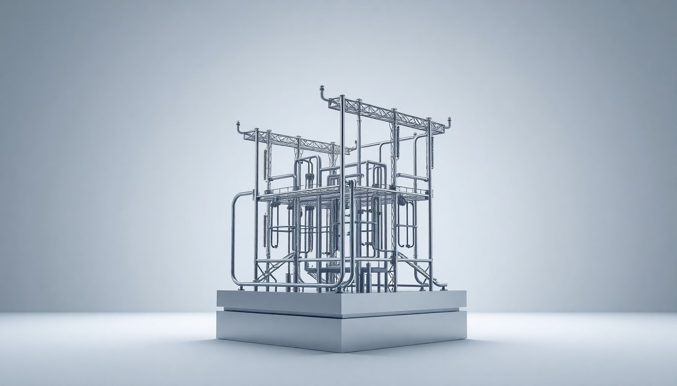 A highly polished, geometric metal sculpture in the shape of an abstract energy grid or power plant, floating on a clean, monochromatic background and dramatically lit to symbolize the modernization of Ukraine's energy infrastructure.