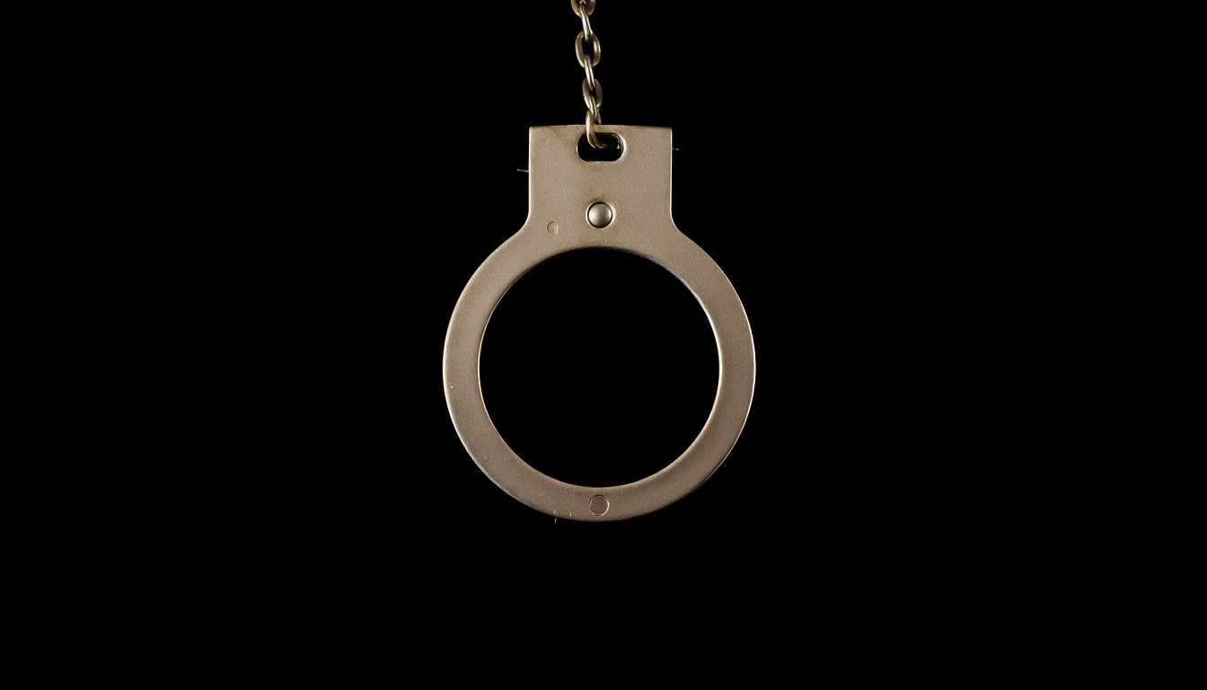 An extreme close-up photograph of a single handcuff against a pitch-black background, the metal texture and reflective surface creating a stark, gritty, investigative aesthetic.