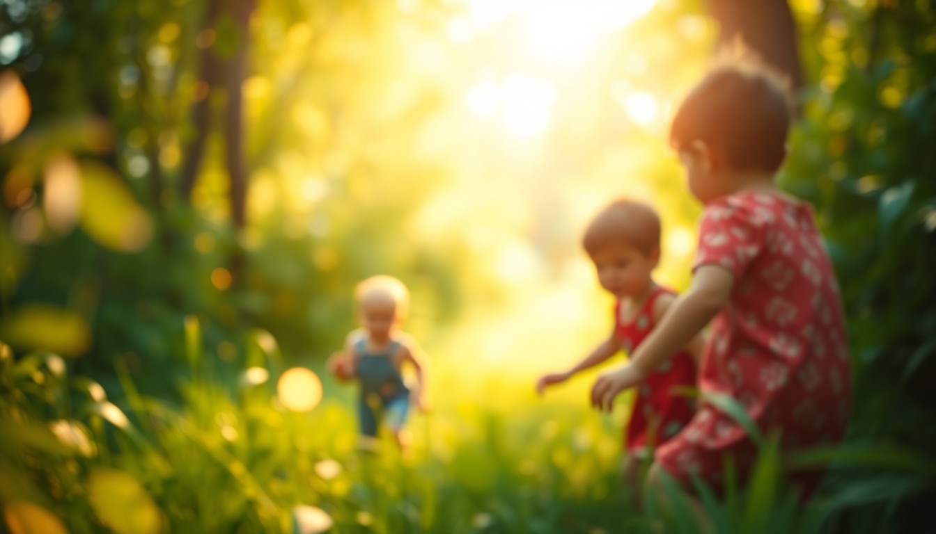 An abstract, out-of-focus photograph showing the silhouettes of children playing and exploring in a lush, green outdoor environment, with warm pools of soft light washing over the scene, conveying a sense of peaceful, curious discovery.
