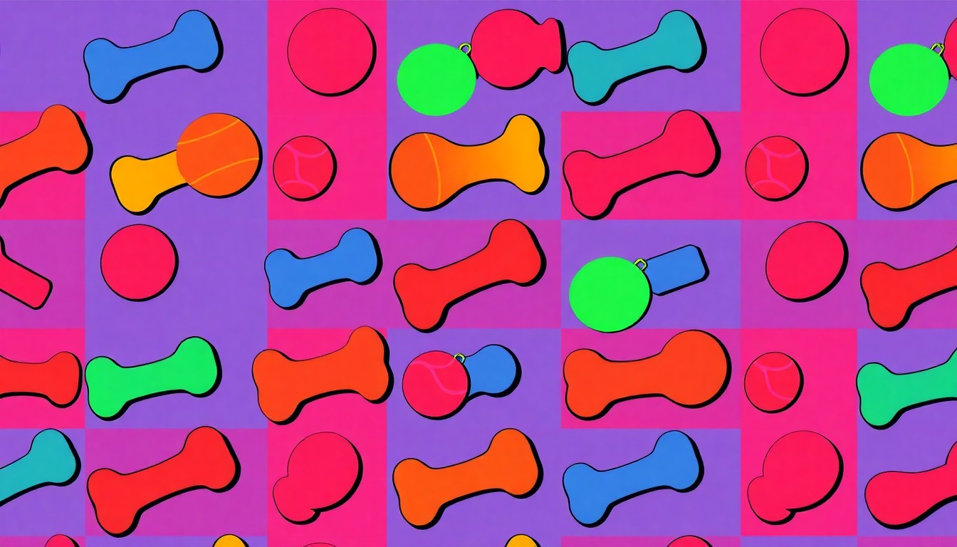 A bold, abstract silkscreen print featuring a repeated pattern of a colorful dog toy, capturing the vibrant and playful spirit of a new community dog park.