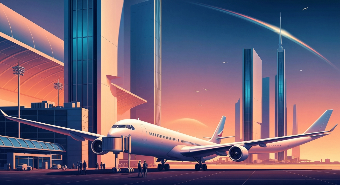 A highly stylized, geometric illustration in the Art Deco style, depicting the towering silhouette of a modern airport terminal or aircraft against a backdrop of smooth, airbrushed gradients in shades of blue and gold, capturing the grand scale and romance of international air travel.