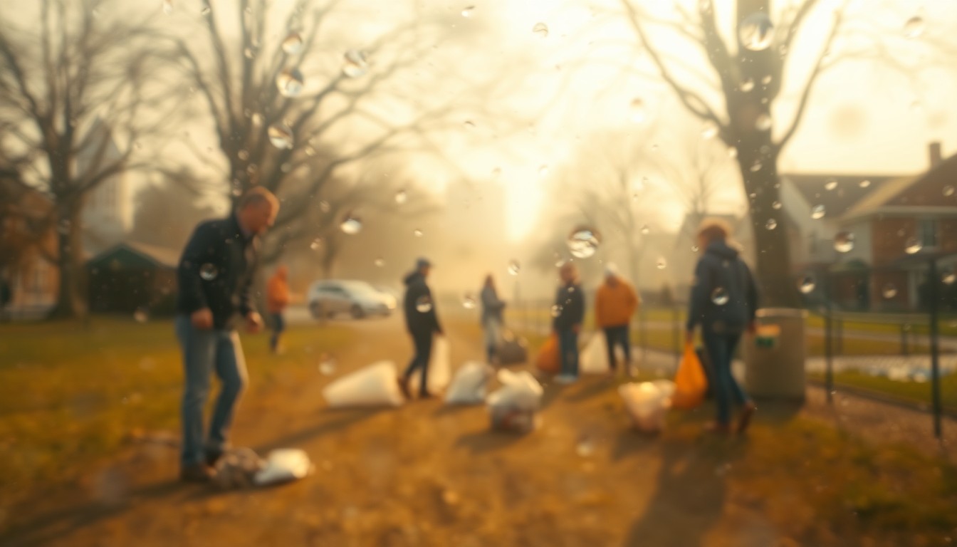 An extremely blurred, impressionistic photograph showing the silhouettes of people picking up litter in a park or neighborhood setting, with the scene rendered in soft, warm tones and hazy, out-of-focus details.