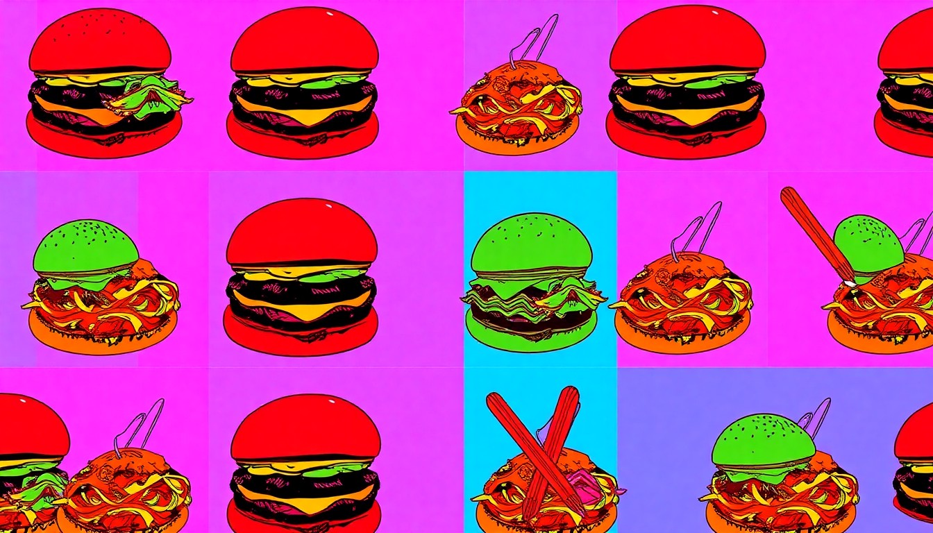 A vibrant, high-contrast silkscreen print of a single, iconic dish from Devour restaurant, repeated in a tight grid pattern and rendered in a bold, neon color palette, conceptually representing the restaurant's cutting-edge culinary offerings.