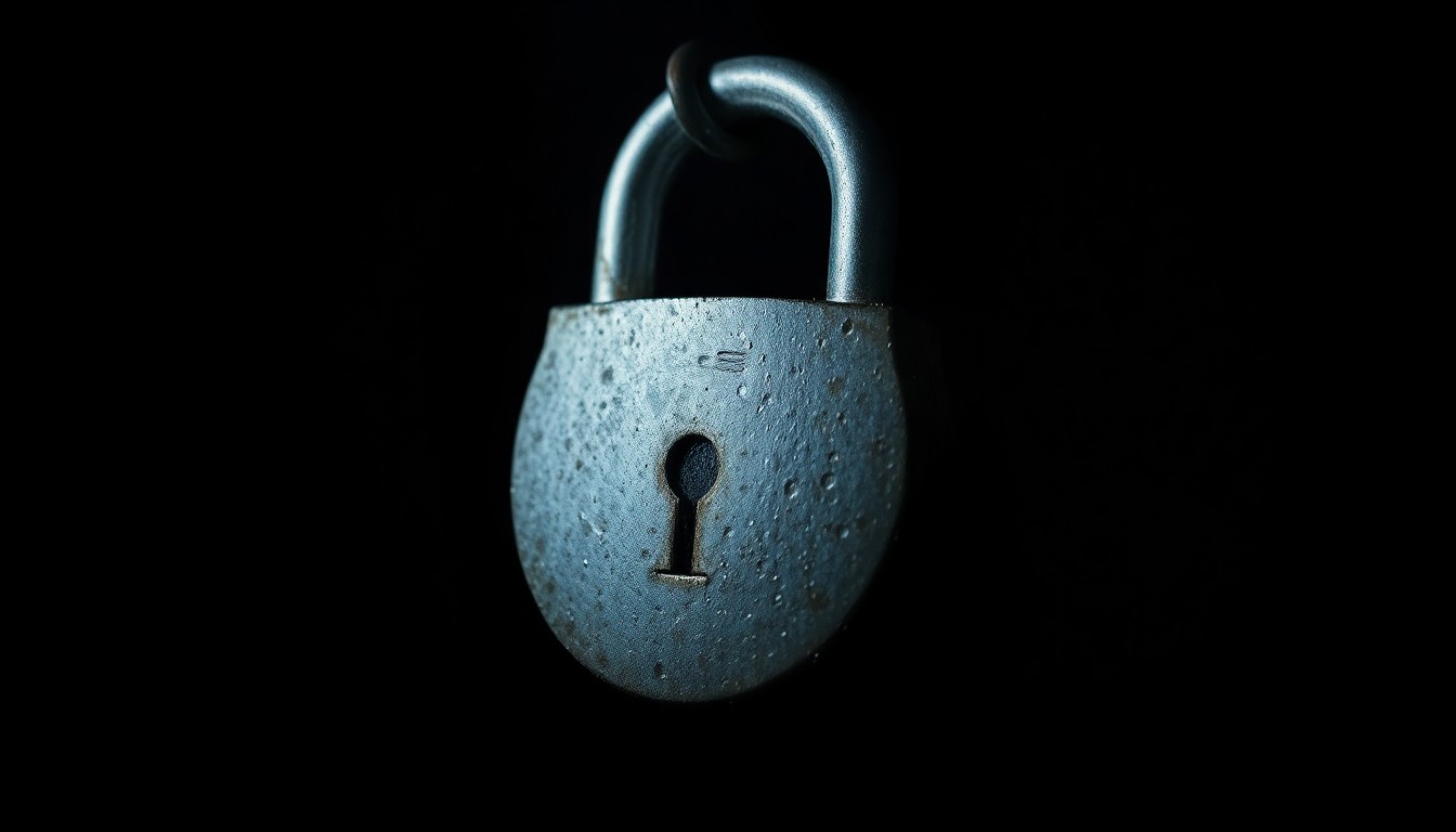 An extreme close-up photograph of a metal lock, its surface pitted and worn, lit by a harsh, direct camera flash against a pitch-black background, conceptually illustrating the investigation into financial mismanagement.