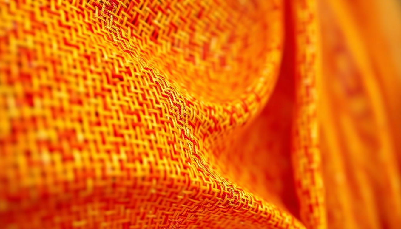 An abstract, high-contrast close-up photograph of a luxurious, textured fabric in warm, vibrant colors, capturing the energy and excitement of the New Orleans Jazz and Heritage Festival.