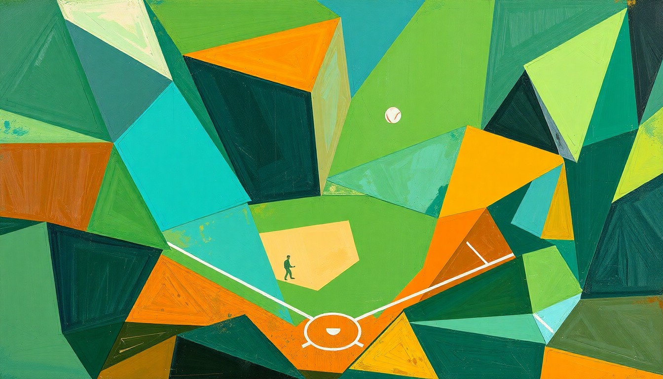 A cubist-style painting depicting a softball game broken down into fragmented, overlapping geometric shapes and planes in vibrant green, blue, and orange hues, conveying the dynamic energy and competitive spirit of the series between the two teams.