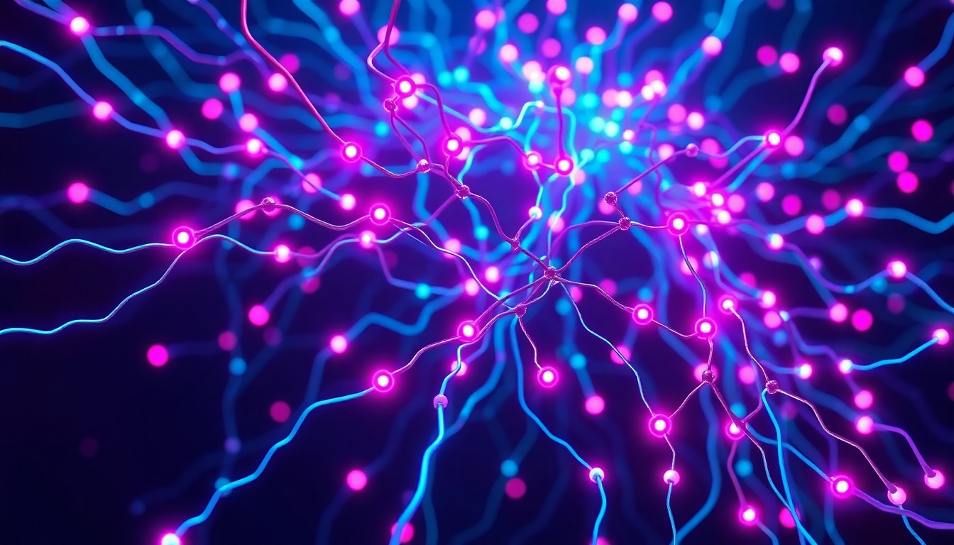 A highly detailed, glowing 3D illustration of a futuristic AI neural network, with intricate wiring, pulsing nodes, and a luminous cyan and magenta color palette, conceptually representing the complex infrastructure behind AI-powered media recommendation systems transforming the public relations industry.