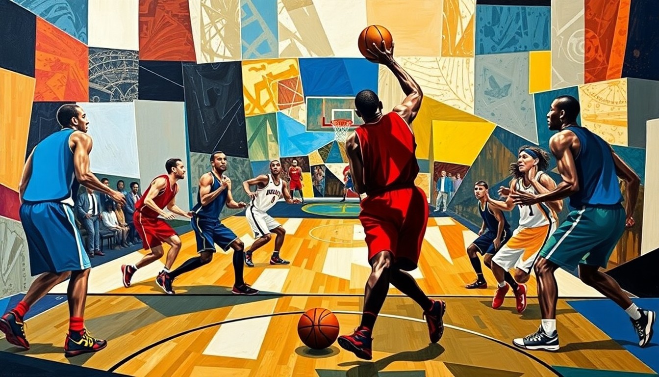 A fragmented, geometric painting depicting the abstract forms of basketball players and a basketball court, conveying the multifaceted nature of the Thunder's playoff preparation.