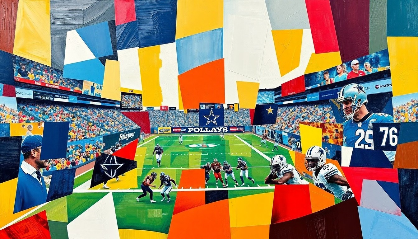A cubist, fragmented painting depicting the action and energy of a football game, with sharp planes of the Dallas Cowboys' signature blue, silver, and white colors.