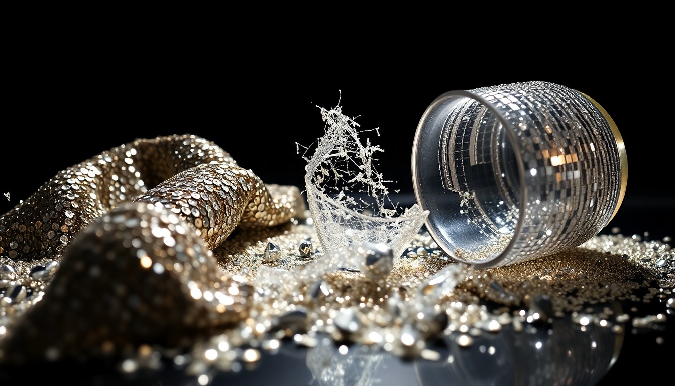 An extreme close-up of shimmering sequins and shattered glass, conceptually representing the clash between celebrity culture and organizational expectations.