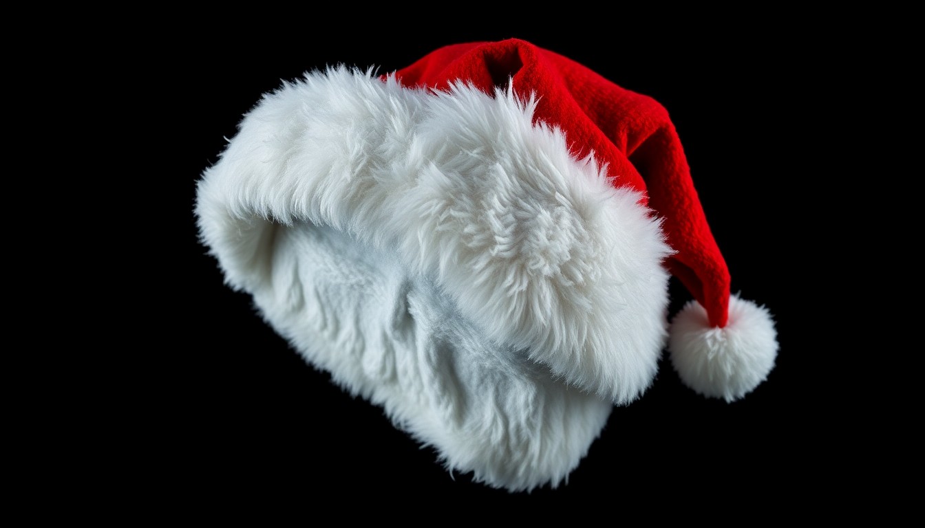 An extreme close-up photograph of a crumpled Santa hat against a pitch-black background, the tattered fabric and crumpled shape conceptually representing the tarnished reputation of the SantaCon event.