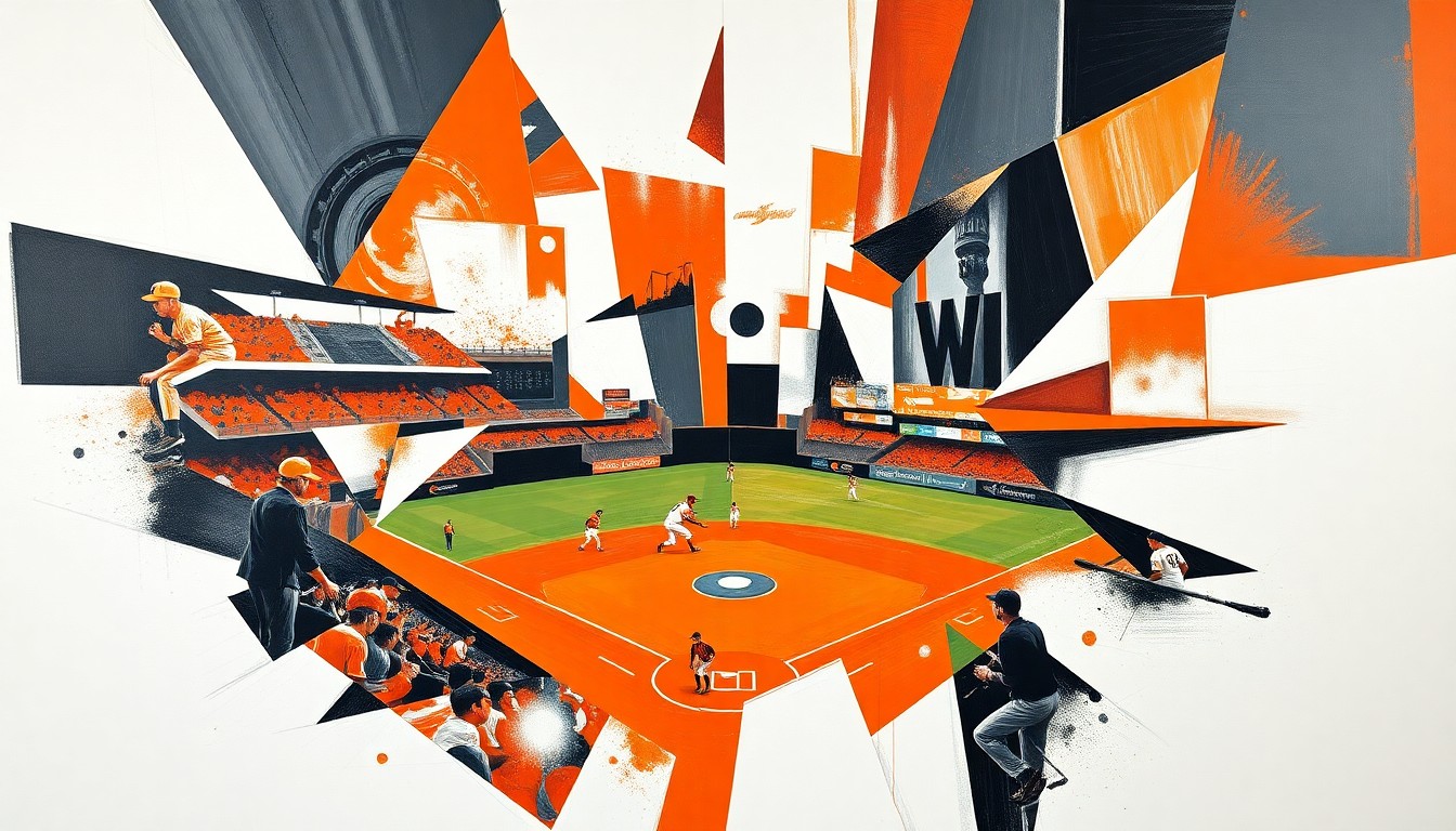 A cubist-style painting featuring overlapping geometric shapes and planes in vibrant colors, conceptually representing the dynamic energy and potential of the Baltimore Orioles' young roster.