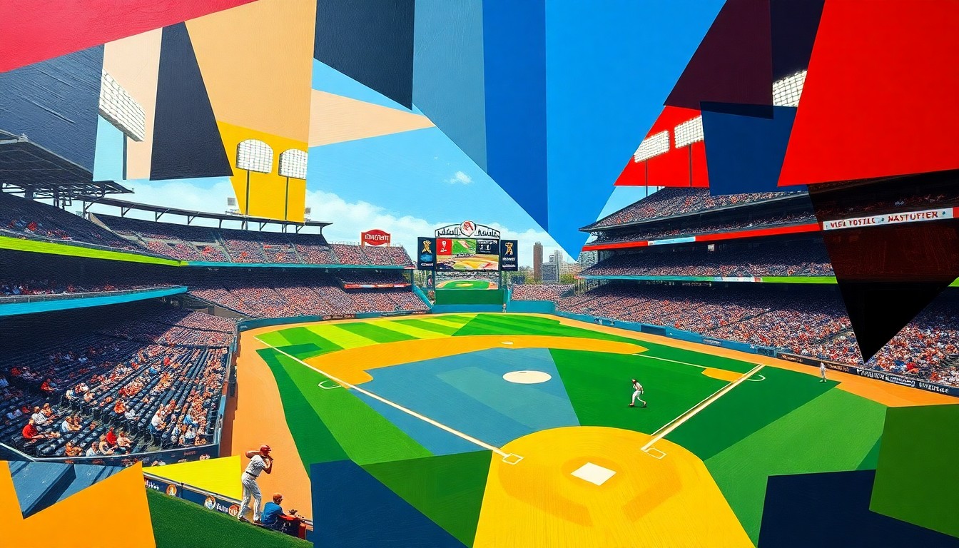 A cubist-style painting depicting a baseball game broken down into overlapping geometric shapes and planes of bright blue, red, and yellow, conveying the dynamic energy and shifting perspectives of the sport.