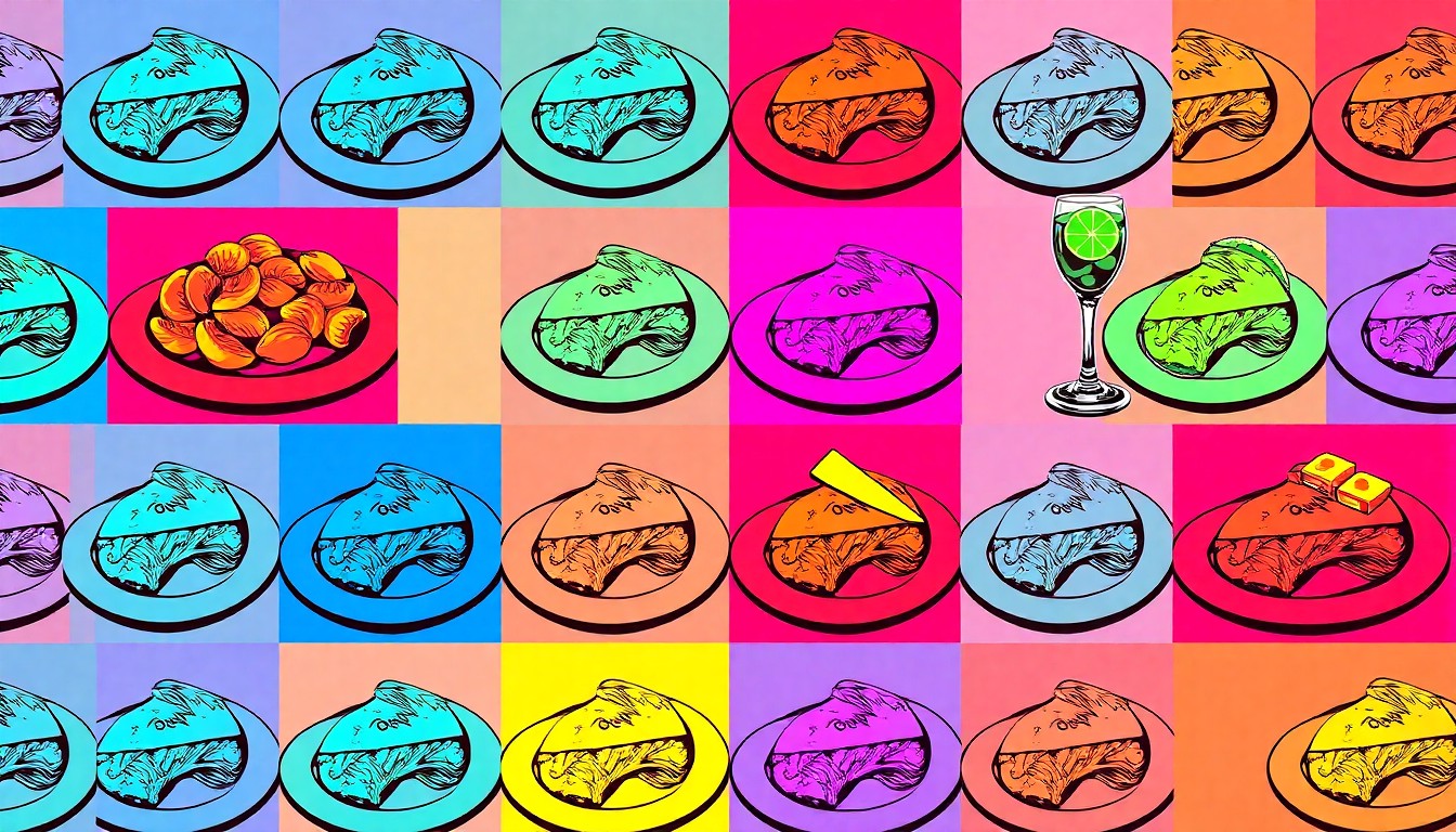 A vibrant, high-contrast silkscreen print featuring a repeated image of a Miami restaurant dish, such as a plate of ceviche or a mojito cocktail, rendered in a bold, pop art style with flat, neon colors and heavy black outlines.