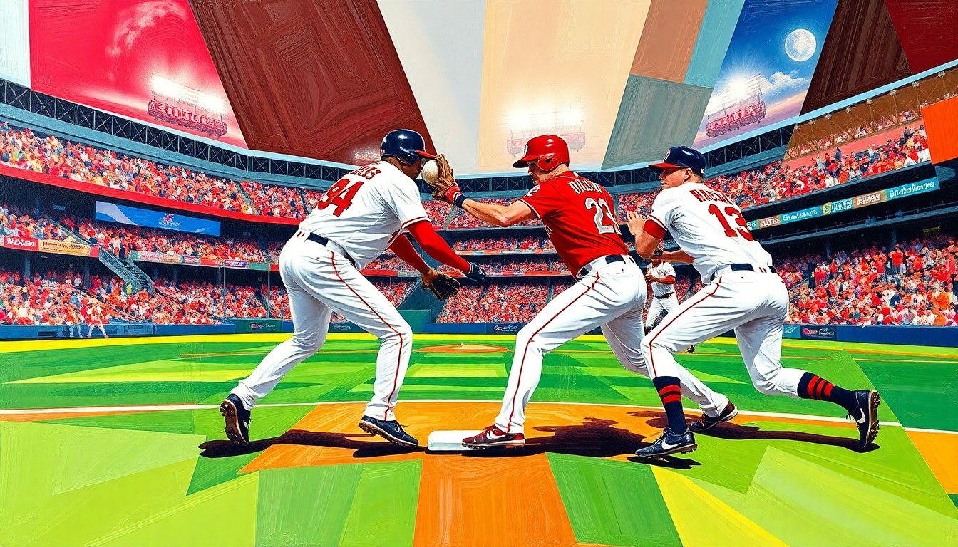 A cubist, geometric painting depicting a Cardinals defensive play, with sharp, overlapping planes of color representing the players and field.