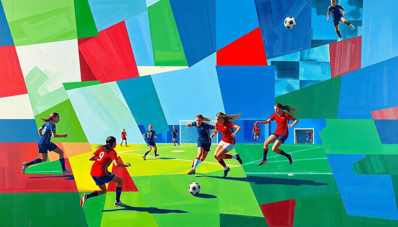 A cubist-style painting featuring overlapping geometric shapes in shades of blue, green, and red, conceptually representing the dynamic action and energy of a girls soccer game.