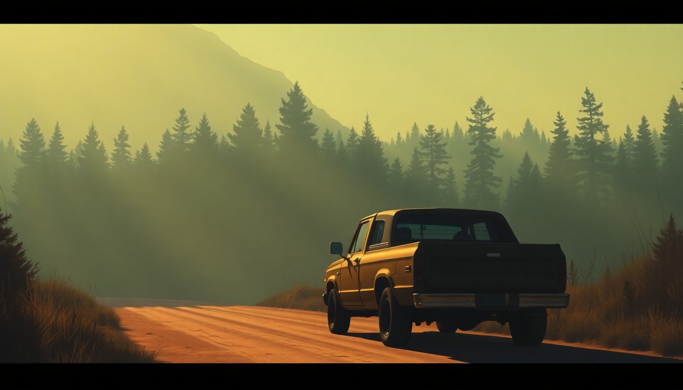 A serene, cinematic painting of a lone forest ranger's truck parked on a dirt road, surrounded by towering pine trees and bathed in warm, golden light, conveying the tranquility and importance of Montana's national forests.