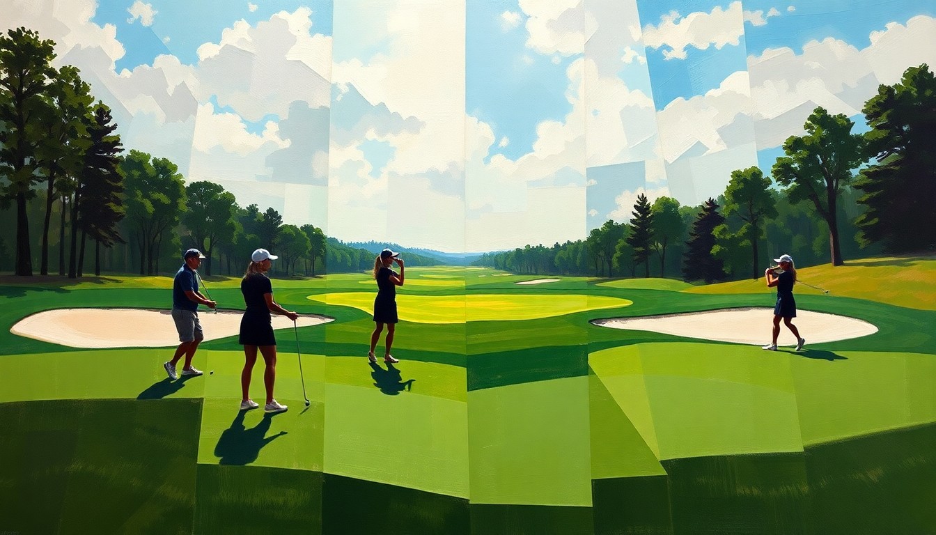 A fragmented, geometric painting depicting the various elements of a girls' high school golf tournament, including fairways, sand traps, and silhouetted golfers, all rendered in an abstract cubist style.