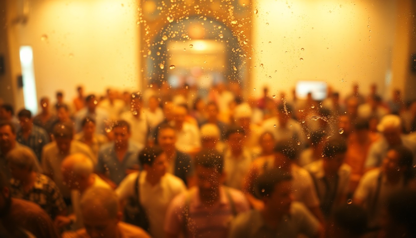 An abstract, impressionistic photograph of a crowd of people in a community setting, with soft, blurred edges and warm, muted colors creating a sense of community and togetherness.