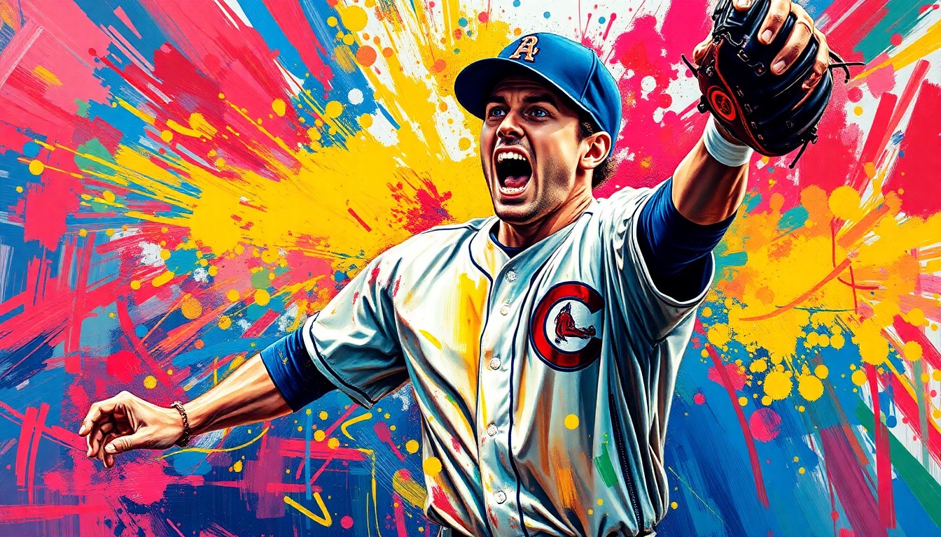 An extreme close-up of a baseball player's face and upper body, rendered in a vibrant, expressionist style with rapid brushstrokes and neon colors, capturing the raw energy and emotion of a dramatic save on the mound.