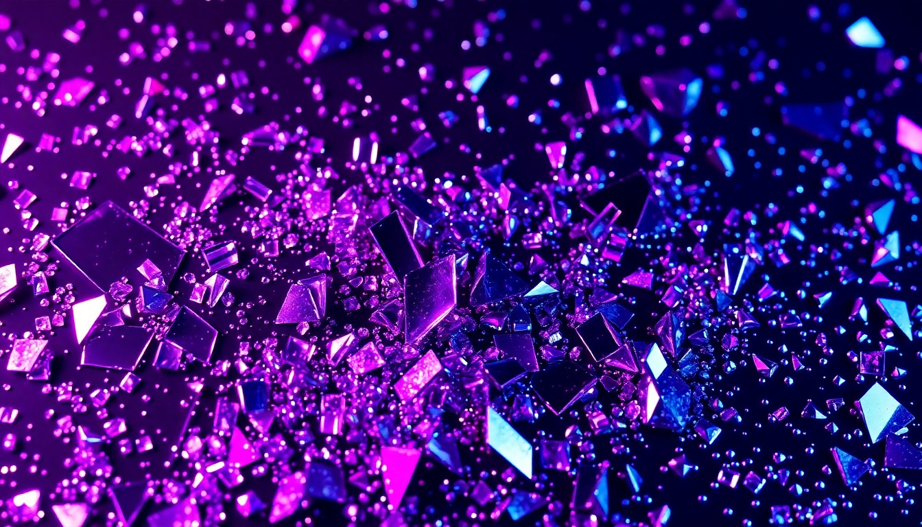 An extreme close-up photograph of shattered, glittering disco glass in deep purple, electric blue, and metallic silver hues, creating a dramatic, high-contrast texture that conceptually represents the grand spectacle of a Kiss concert.