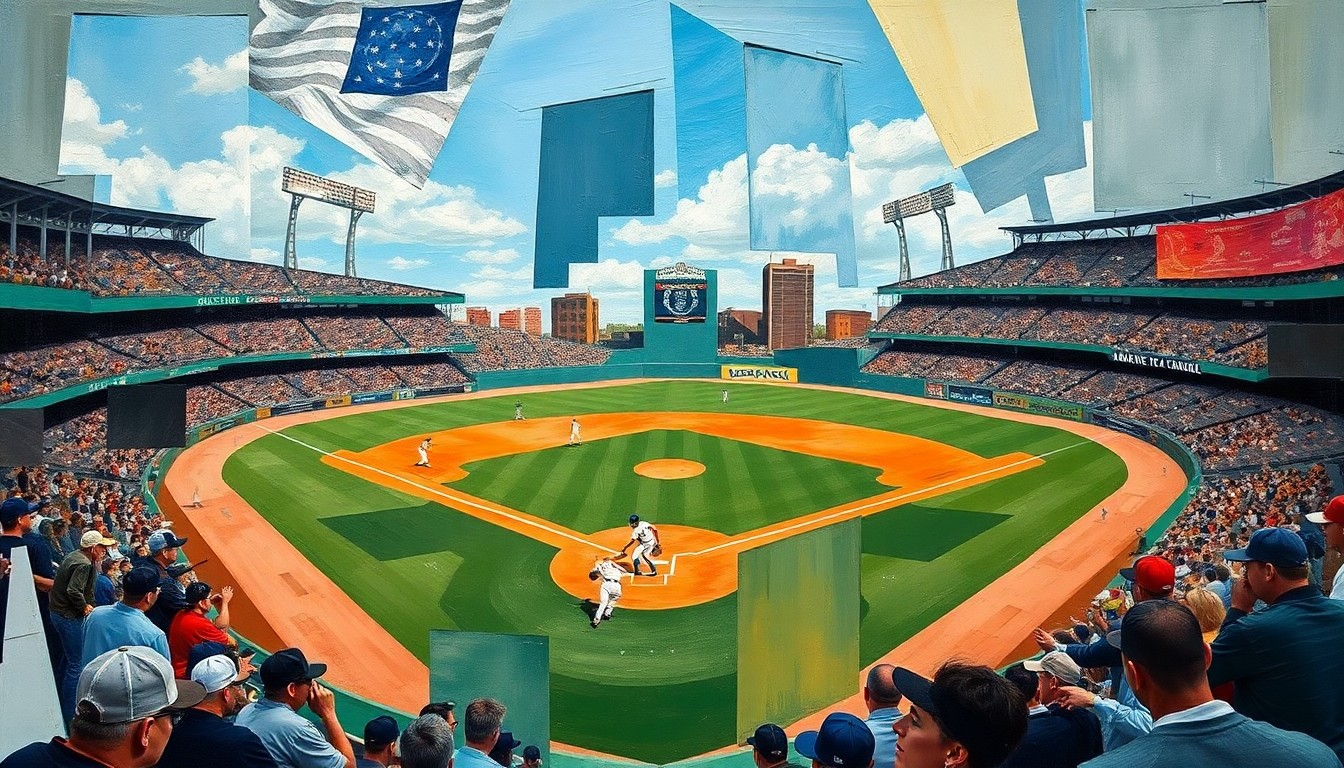 A cubist-style painting featuring overlapping geometric shapes and planes of color, abstractly representing the action and energy of a baseball game.