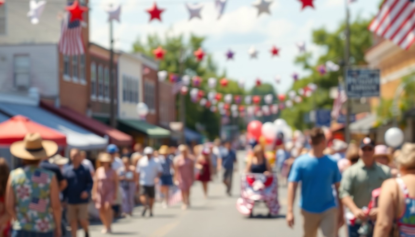 An extremely abstracted, out-of-focus photograph of a small-town parade on the Fourth of July, with blurred red, white, and blue decorations, balloons, and spectators in the background, conveying the celebratory mood and community spirit of the event.
