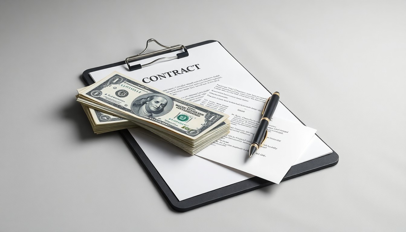 A photorealistic studio still life featuring a stack of dollar bills, a pen, and a clipboard with a contract, symbolizing the financial investment and legal paperwork behind the state funding for community programs in Northwest Jacksonville.