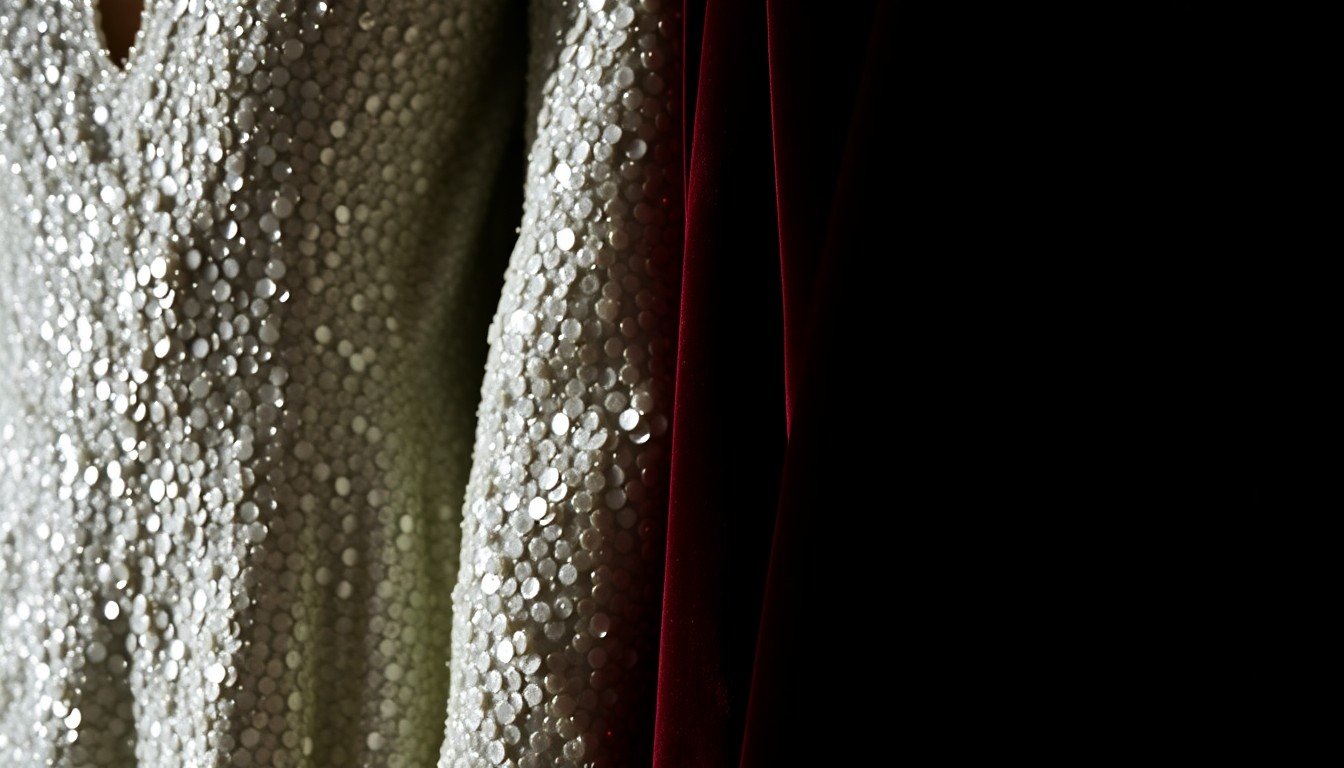 An extreme close-up photograph of shimmering sequins and plush velvet textures, capturing the luxurious aesthetic of the costumes from The Notebook musical.