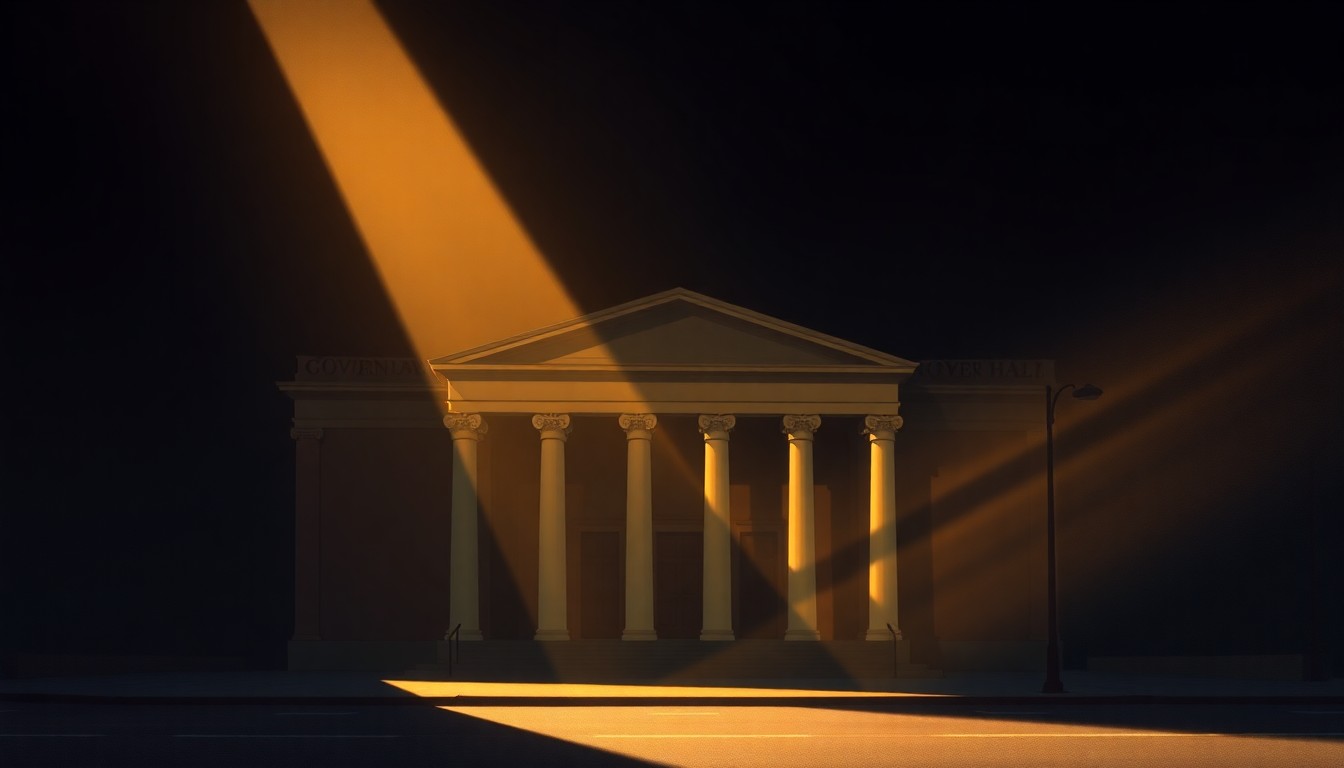 A photorealistic painting of a government building in warm, golden light, with deep shadows casting across the facade, conveying a sense of civic duty and community engagement.