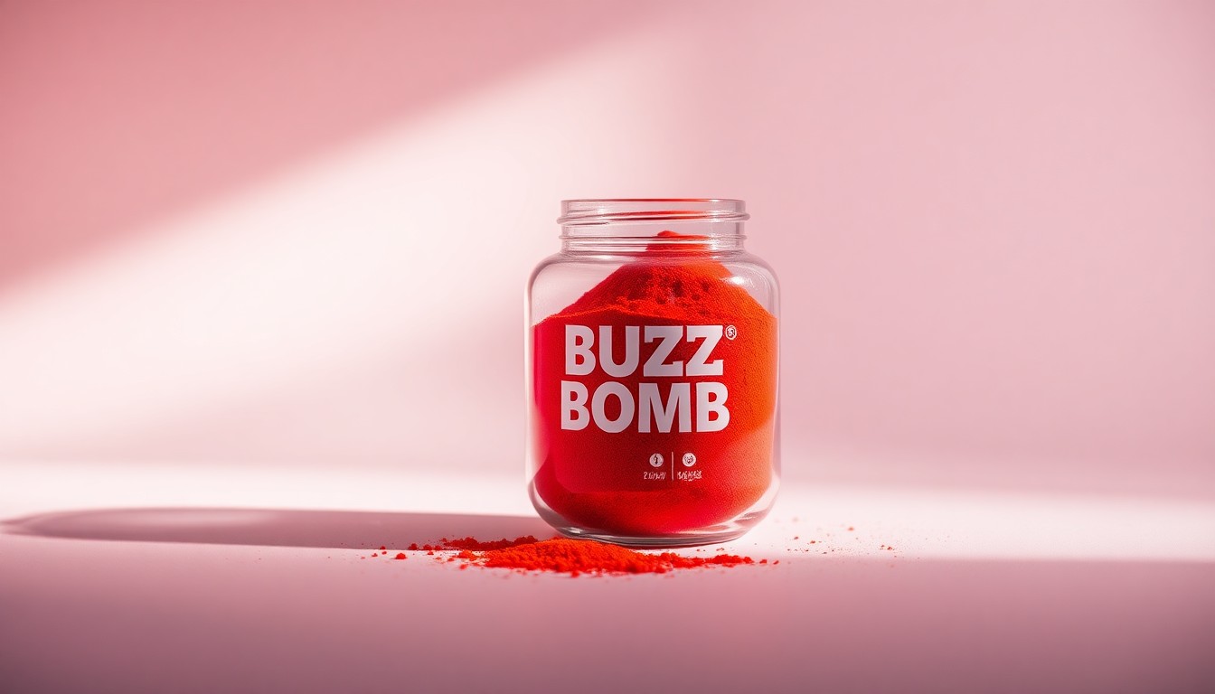 A photorealistic studio still life of a sleek, modern glass container filled with a vibrant, powdery caffeine supplement, placed on a clean, monochromatic background and illuminated with dramatic studio lighting to convey the premium, innovative nature of the product.