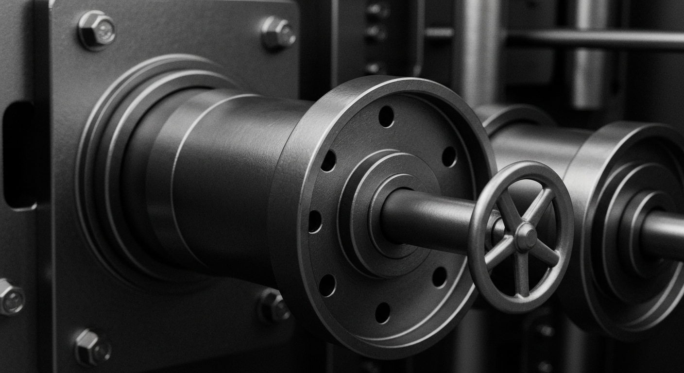 A high-contrast, close-up image of the gears, levers, and heavy metal components that make up the internal workings of a bank vault or financial institution, representing the tangible infrastructure of the financial system.