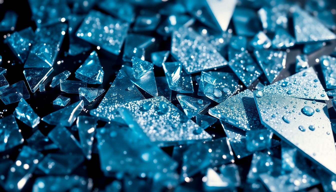 An extreme close-up photograph of shimmering, jagged shards of blue and silver glass, capturing the luxurious yet fragmented nature of the NCIS television franchise.