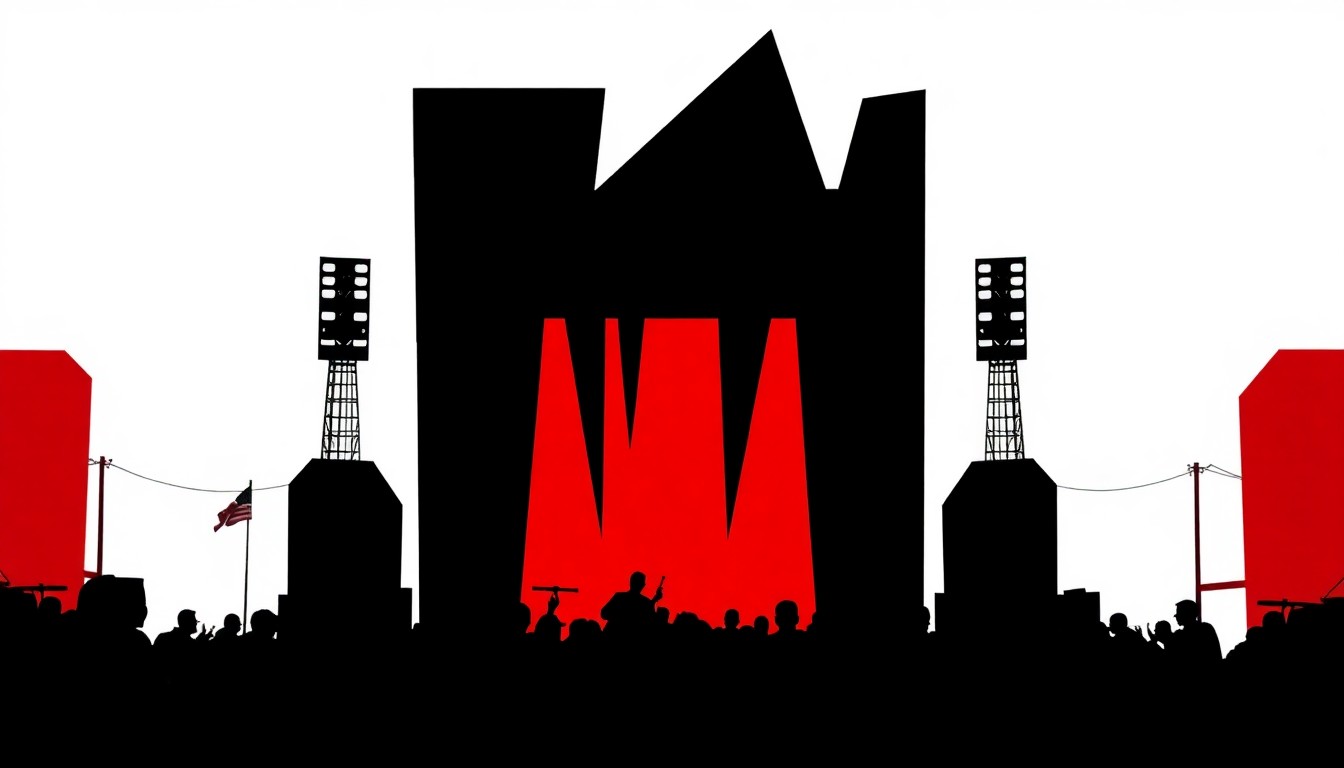 An abstract illustration featuring sharp, angular shapes in contrasting red and black, conveying the tension and conflict between a music venue and the surrounding community.