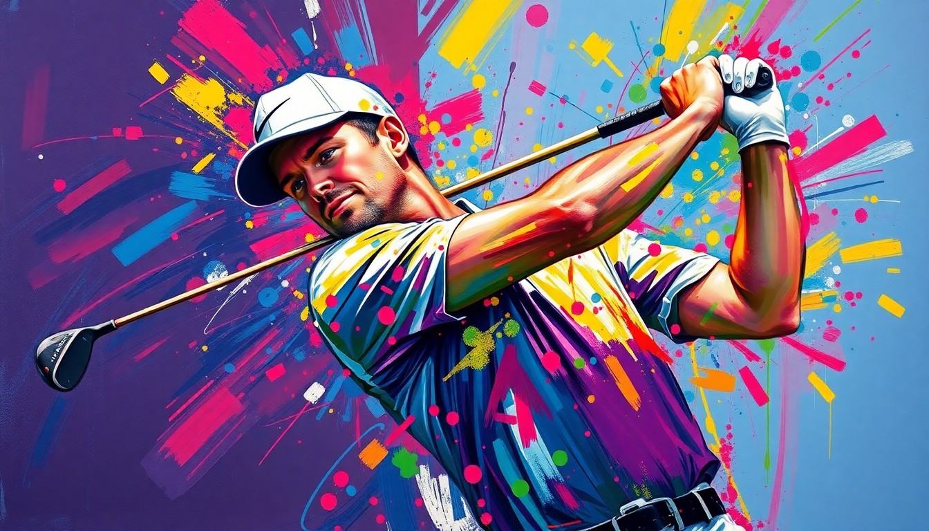 An abstract, expressionist painting depicting the powerful swing of a professional golfer, with vibrant neon colors and dynamic brushstrokes capturing the energy and motion of the moment.