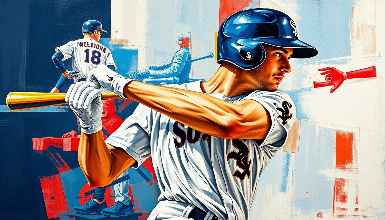 A fragmented, cubist-style painting depicting a baseball player's batting motion, with sharp geometric shapes in the White Sox's team colors of navy, silver, and red.