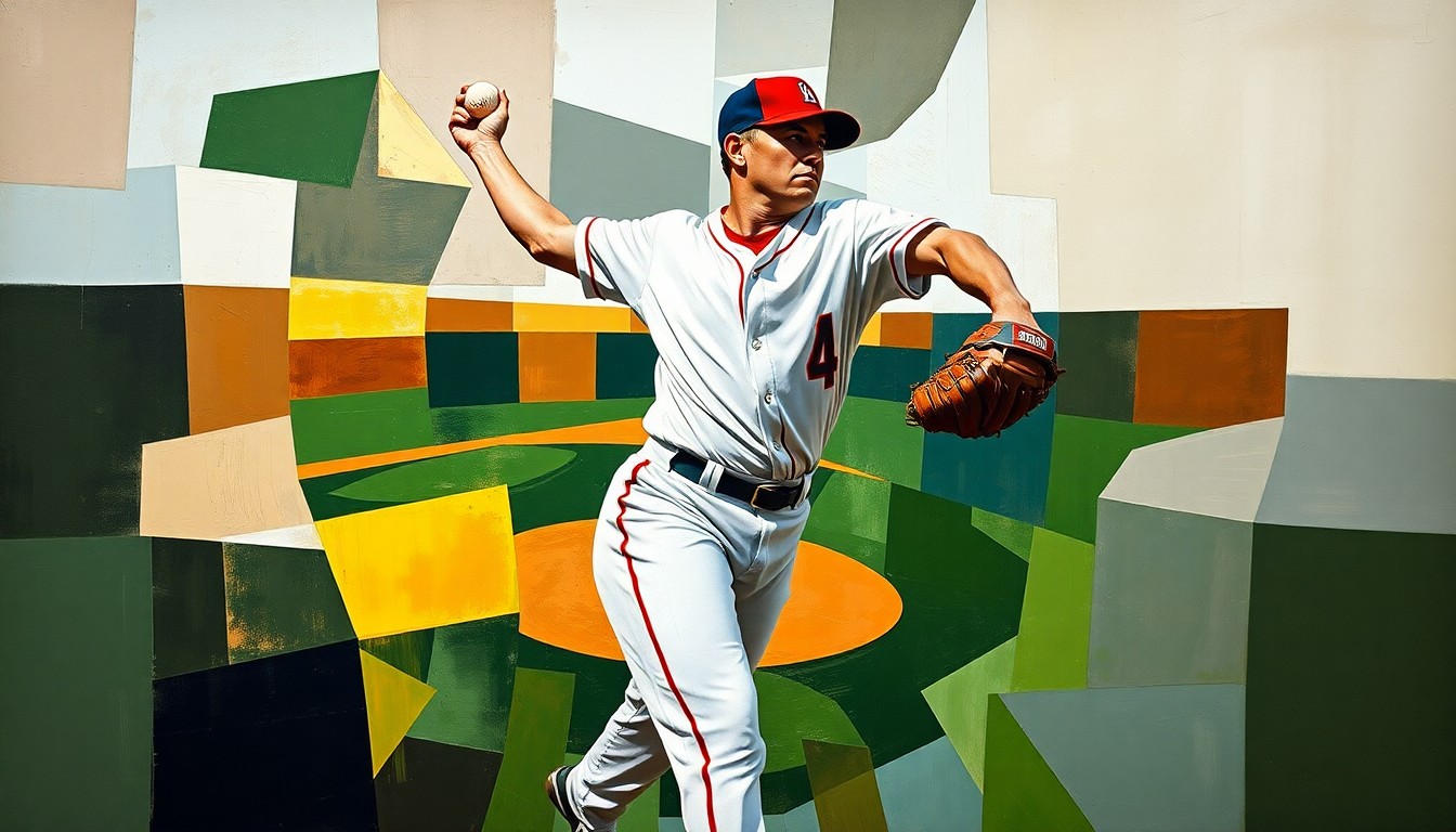 A fragmented, geometric painting depicting a baseball pitcher's throwing motion, with sharp, overlapping planes of color and form.