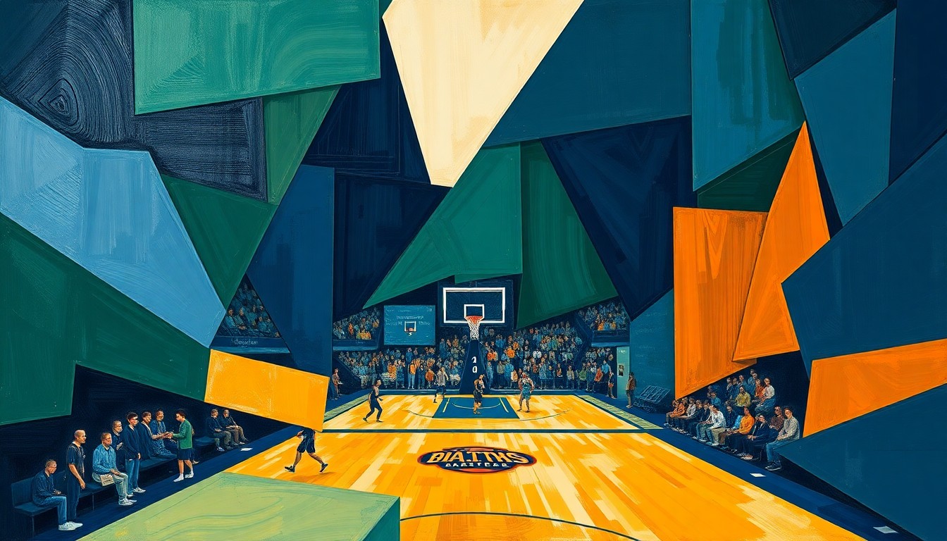 A cubist, geometric painting depicting a fragmented college basketball game, with sharp, overlapping planes of navy, green, and orange conveying the evolving rules around athlete eligibility.
